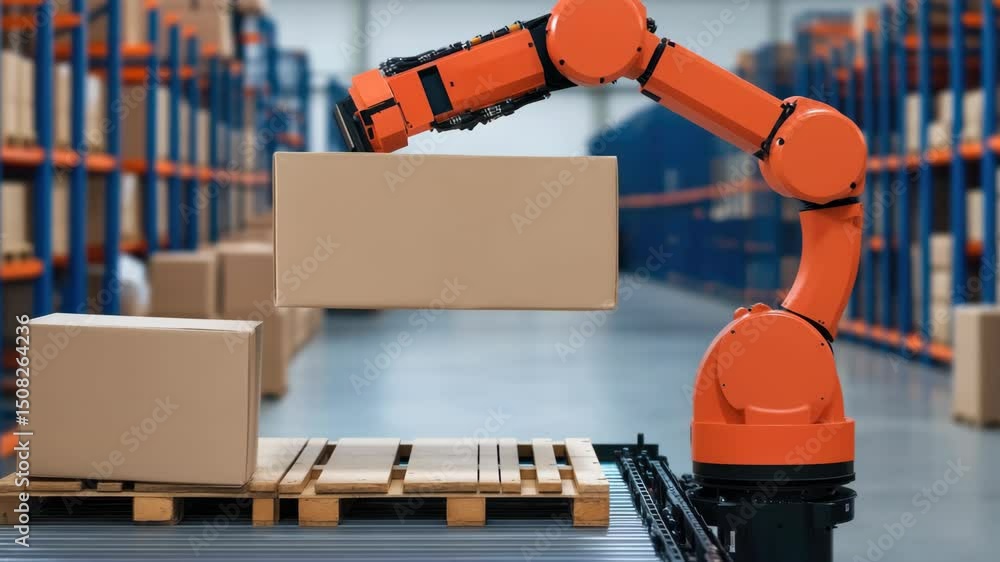 Poster efficient robotic arm automation in warehouse logistics lifting cardboard boxes for enhanced invento