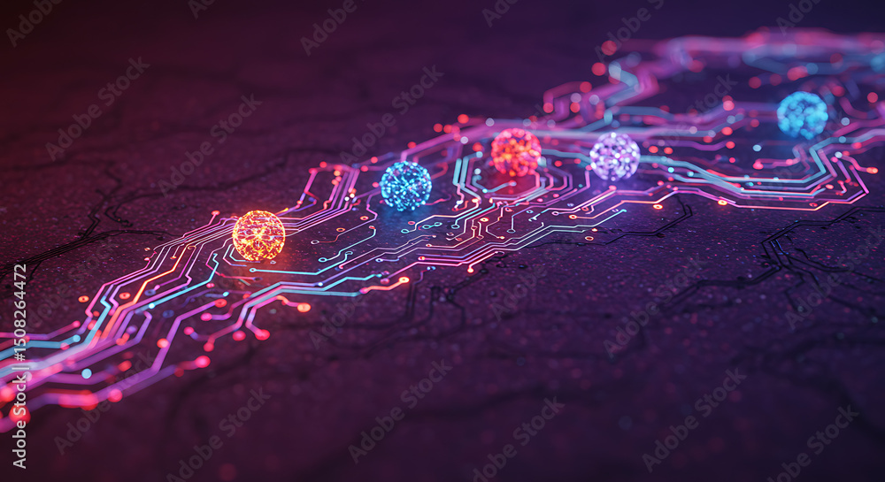 Poster futuristic glowing circuit board with nodes digital network data flow technology concept
