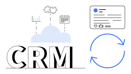 CRM text with cloud housing chart, puzzle, calendar, social media metrics, and automation cycle arrows. Ideal for digital tools, business, analytics, teamwork cloud integration and simple landing