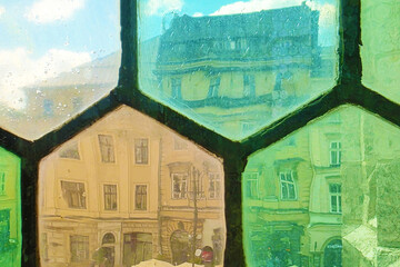 Distorted view through window of Town Hall, Krakow, Poland. Market square
