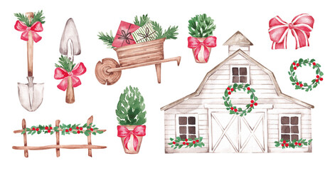 Christmas farm set with decorated barn, fence, trolley, sleigh, wreath, fir trees, presents. Merry Christmas card clip art. Hand drawn with watercolor. Rustic design. Farmhouse xmas objects © balena