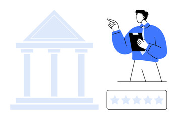 Man holding clipboard pointing to institution facade, alongside a five-star rating bar. Ideal for professionalism, feedback, assessment, customer review, accountability, trust evaluation. Flat