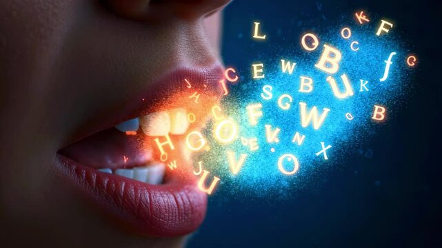 Close-up of a person's mouth speaking, with colorful letters emerging, set against a dark background