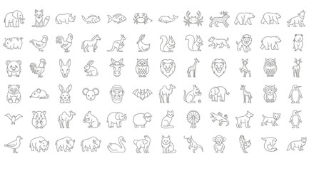 Line art illustration featuring various animals in a grid pattern