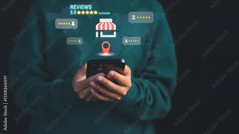 Poster female customer using a smartphone to check local business reviews and ratings, with location and st