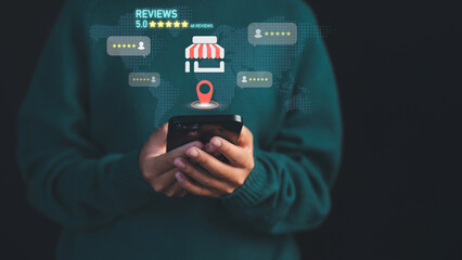 Female customer using a smartphone to check local business reviews and ratings, with location and star feedback icons. Digital marketing, local SEO, and consumer experience in online business reviews.