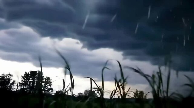 Dark thunderstorm over grass field with rainfall
