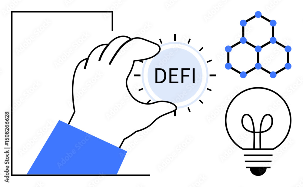 Poster hand grasping circular defi representation, accompanied by blockchain network and light bulb. ideal 