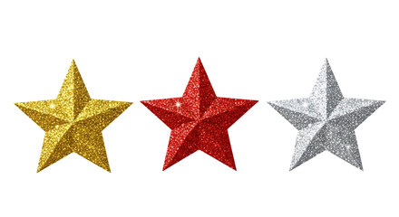Obraz premium Three Glittering Stars in Gold Red and Silver for Festive Designs