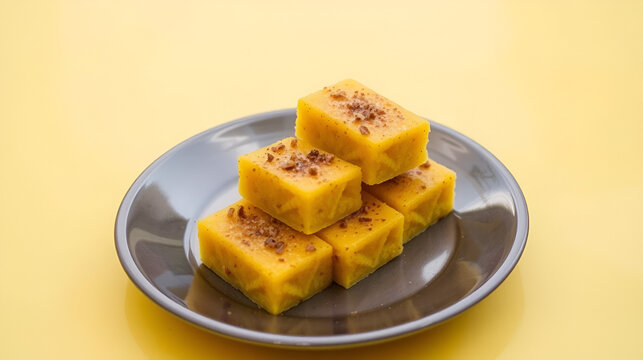 Indian traditional gujarati street food khaman dhokla on yellow background