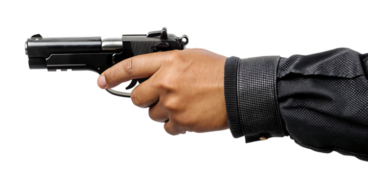 Hand holding gun isolated on a white background png ai generated