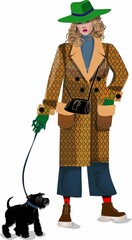  Fashion girl in yellow coat and green hat , with small dog
