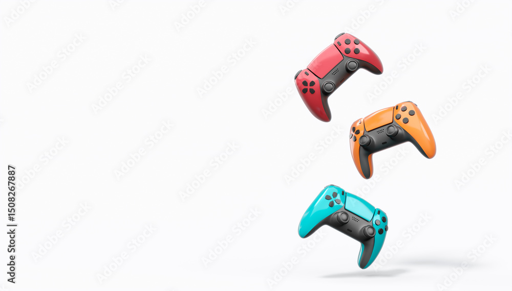 Poster realistic colorful video game joysticks or gamepads with color buttons on white