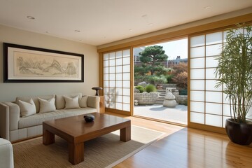 Tranquil living room with japanese garden view modern home interior design serene environment wide-angle perspective