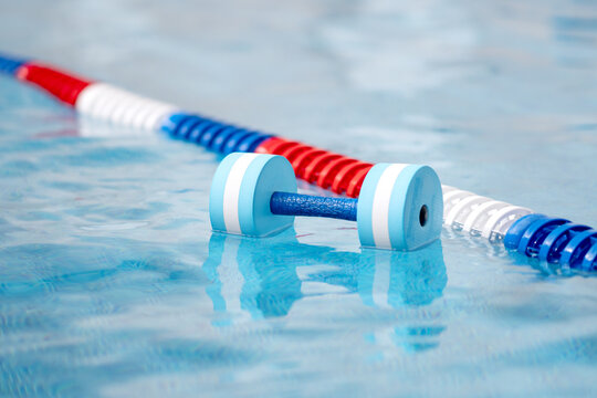 View of plastic dumbbells for aquafitness. Sports equipment for aqua aerobics. Plastic dumbbell for aquafitness in the pool near the dividing strip. Healthy lifestyle concept