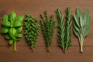 herbs on a wooden background. cooking spices such as basil, oregano, thyme, rosemary. the concept of Italian cooking spices