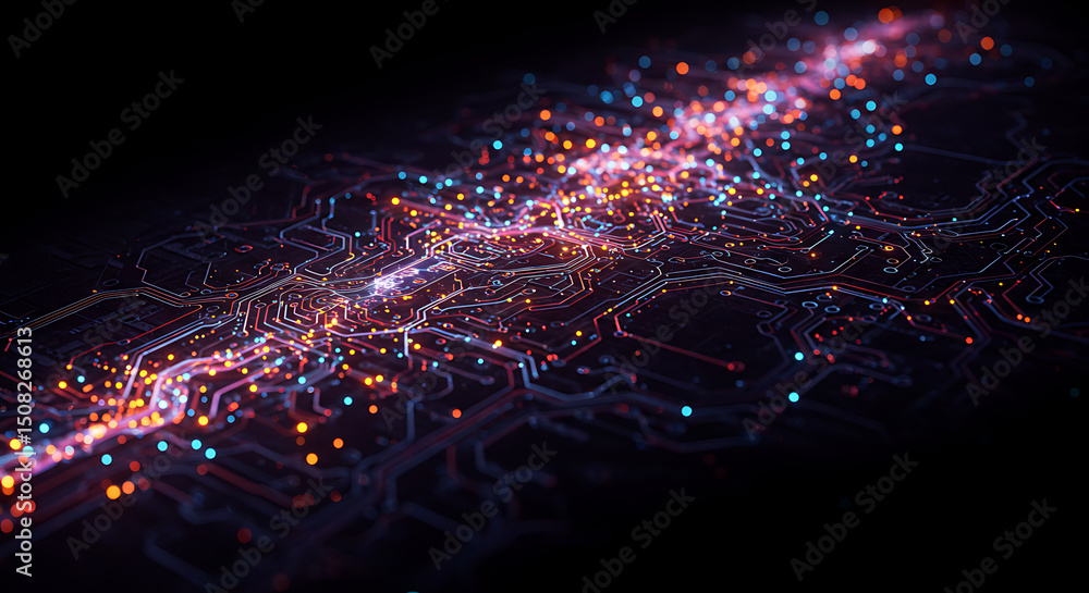 Poster abstract circuit board technology background glowing lines and nodes