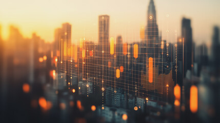 Fototapeta premium Smart digital Innovation City of the business world with connection financial business data all the time network reciprocity over the twilight cityscape. of future cyber security wireless digital city