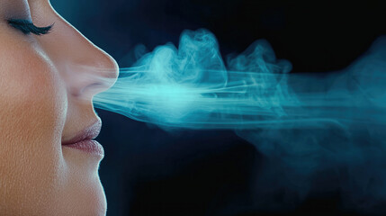 Side view, mouth and nasal area with blue smoke, close up, serene expression, dark background, conceptual art