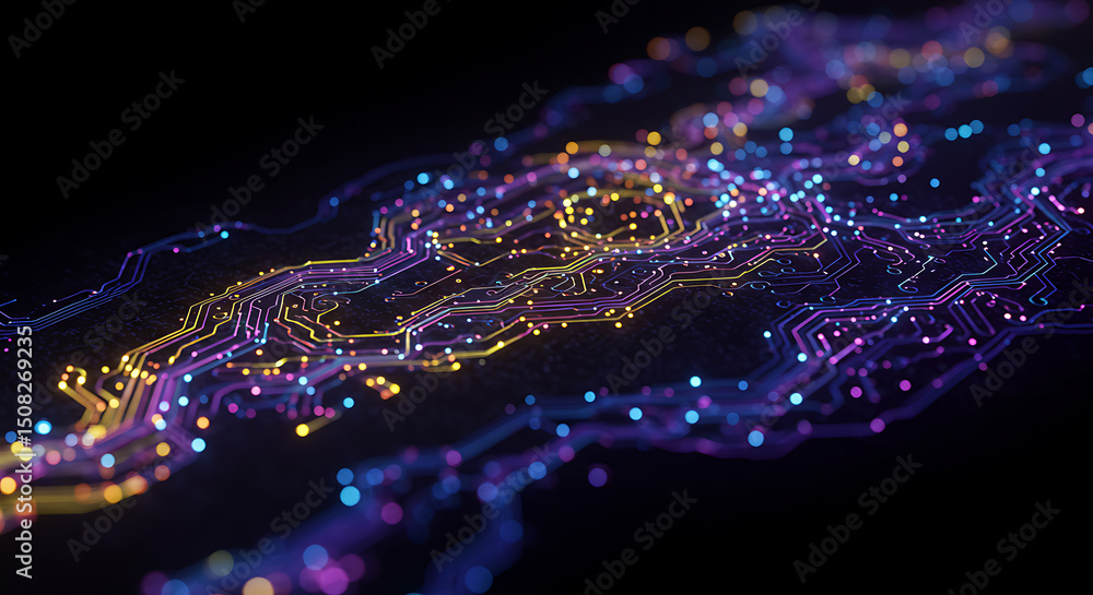 Poster abstract circuit board background glowing colorful lines and nodes