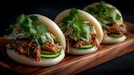 Three delicious Asian fusion bao buns on wood tray