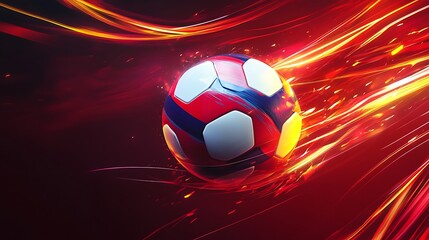 A soccer ball in motion, highlighted by vibrant streaks of light.