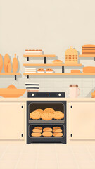 Modern flat style bakery interior, shelves with pastries, warm colors, culinary profession