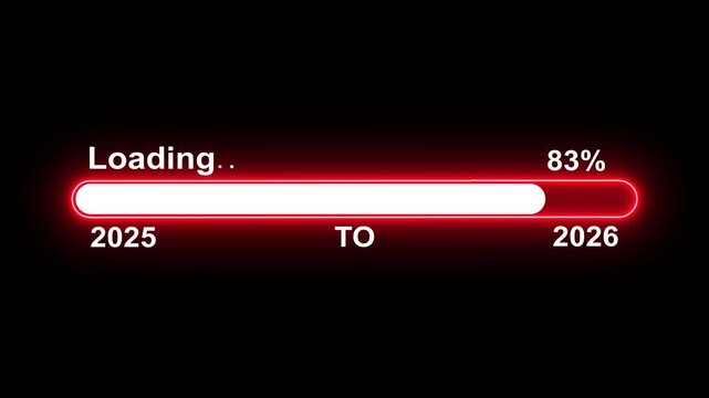 Loading bar from 2025 to 2026 new year transfer animation. New year 2026 loading bar animation Year changing from 2025 to 2026. Almost reaching New Year on black background.