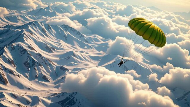 A paraglider soars above snow-covered mountains and fluffy clouds during sunrise or sunset.