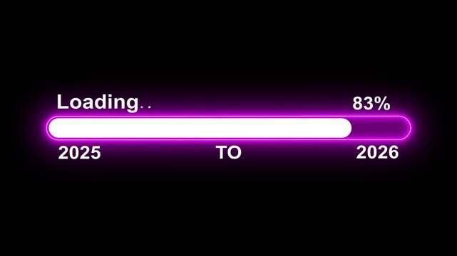 Loading bar from 2025 to 2026 new year transfer animation. New year 2026 loading bar animation Year changing from 2025 to 2026. Almost reaching New Year on black background.