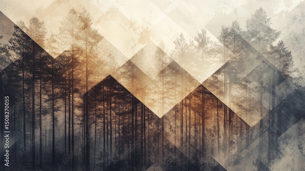 Poster abstract forest landscape with geometric overlay creating a textured artistic effect.