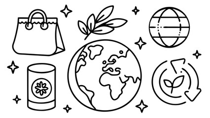 Sustainable Living and Environmental Awareness Line Art Icons Illustration