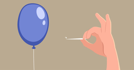 Cartoon vector illustration of a male hand popping a bubble, symbolizing risk or business failure. Metaphor for illustrating economic or financial crises