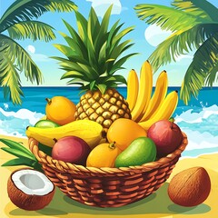 Colorful fruit basket on a sandy beach.
