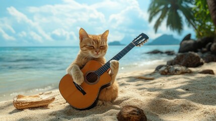 Orange kitten plays acoustic guitar on sunny beach.