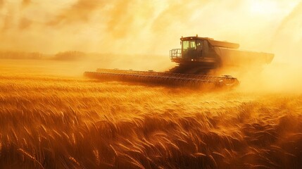 Fototapeta premium Combine harvester in a wheat field at sunset agricultural scene golden light.