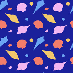 Bright seamless pattern with colorful seashells on deep blue background