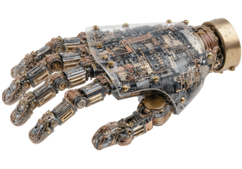 Intricate robotic hand detailed mechanical design futuristic technology, On Transparent Background