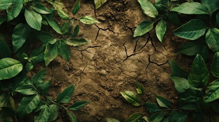 Lush green leaves surrounding cracked, dry earth.