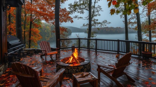Cozy autumn deck scene with fire pit, lake view, and rain.