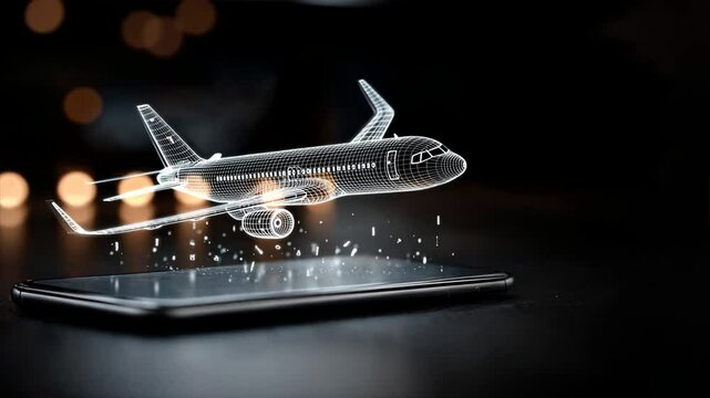 Airplane hologram flies above smartphone, showing future of air travel booking, augmented reality travel, vr travel, ai travel tech