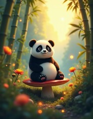 Cute panda sitting on mushroom amidst bamboo forest