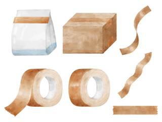 水彩画風のダンボールとガムテープと紙袋のイラストセット