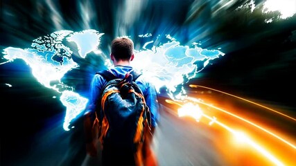 Young traveler with backpack explores world with glowing digital map, augmented reality travel, vr travel, ai virtual journey