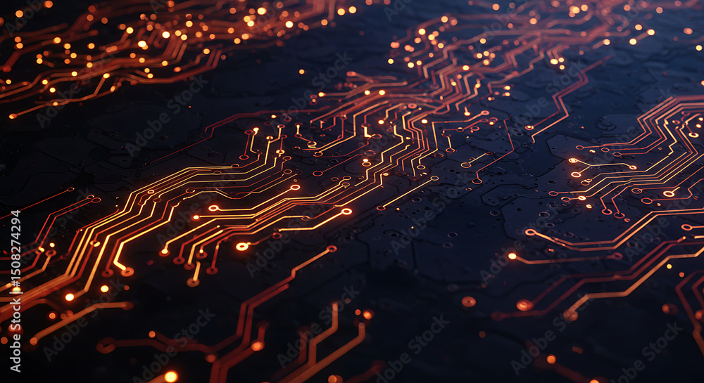 Poster illuminated circuit board abstract technology background with glowing orange traces and connections