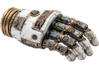 Detailed closeup of a weathered robotic hand mechanical device, On Transparent Background