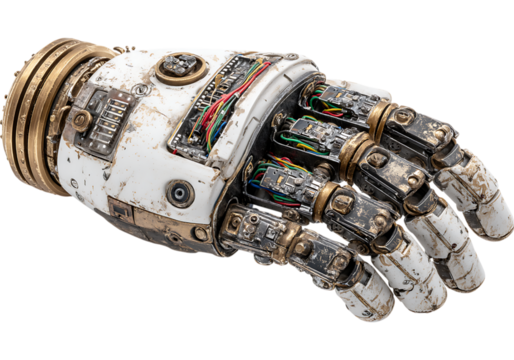 Detailed closeup of a weathered robotic hand mechanical device, On Transparent Background