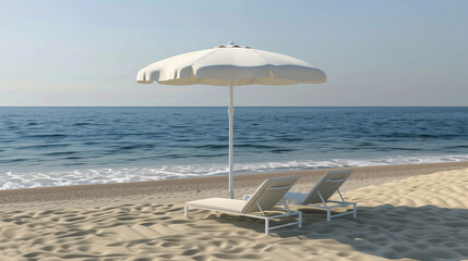Beach umbrella and chairs on golden sand, summer relaxation and getaway concept
﻿