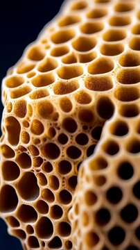 Extreme close-up of golden porous surface with complex hole patterns, resembling honeycomb or organic matter, creating a textured abstract background.