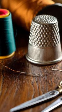 Close-up of a metallic thimble surrounded by colorful threads and needles on rustic wooden surface, creating a vintage sewing atmosphere